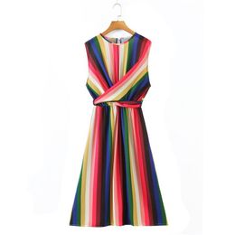 Casual Dresses Women 2022 Fashion With Belt Colourful Stripe Print Midi Dress Vintage Sleeveless O Neck Female Vestidos StreetwearCasual