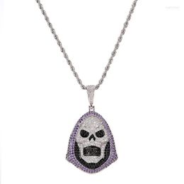 Pendant Necklaces Punk Hoody Skull Purple Stone Necklace Gold Silver Cubic Zirconia Hip Hop Rock Jewelry With Tennis Chain Heal22