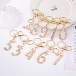 Arabic Numerals Key ring Zinc Alloy Rhinestone Figure Keychain 0-9 Golden Lucky Number For Women Bag Car Pendant Keyring Keyfob