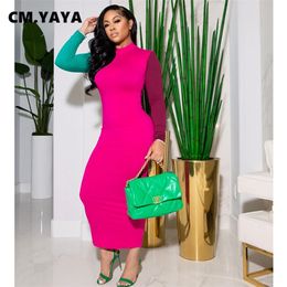 CM.YAYA Women Dress Patchwork Full Sleeve Half High Collar Strechy Pencil Midi Dresses Casual Fashion Vestidos Summer Outfits 220516