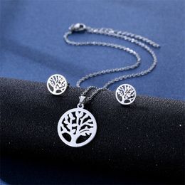 Stainless Steel Tree of Life Pendant Chain Stud Earring Set Ladies Small Lucky Tree Necklace Jewelry Memorial Gift for Women Men