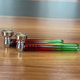 Portable Tricolour Glass Smoking Pipes with Metal Bowl Heat Insulation OG Tube Straight Pocket Hand Pipe Tobacco Cigarette Holder Smoke Accessory ZL0706