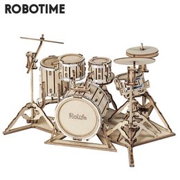 Robotime 4 Kinds DIY 3D Musical Instrument Wooden Puzzle Game Assembly Saxophone Drum Kit Accordion Cello Toy Gift for Children 220715