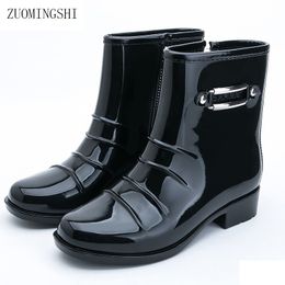 Black Rubber Rain Boots Women wellies PVC Gumboots Vamp Rubber Sole Galoshes Gumboots Rainboots Women Round Toe Slip-On