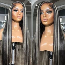 Salt and pepper grey straight human hair wigs natural highlights Grey non lace front wig 150%density