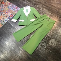 Women's Two Piece Pants 2022 Autumn Winter Women Colour Block Blazer Suits Designer One Button Flare Office 2 Outfits Green