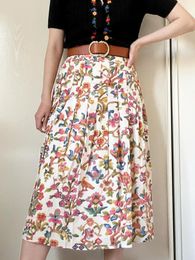 Skirts French Elegant Floral Print Pleated Long Skirt Women 2022 Summer Spring Fashion High Waist A-line Midi Office LadySkirts