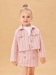 Toddler Girls Plaid Pattern Flap Detail Tweed Jacket & Double Breasted Skirt SHE