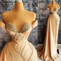 2022 Plus Size Arabic Aso Ebi Champagne Sheath Stylish Prom Dresses Beaded Satin Evening Formal Party Second Reception Birthday Engagement Gowns Dress ZJ125