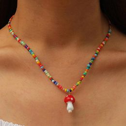 Chains Colourful Beaded Mushroom Pendant Necklace Fro Women INS Handmade Adjustable Party Jewellery Wholesale Collar 17438