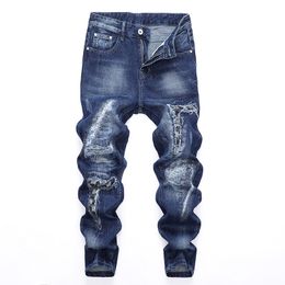 Men Stretchy Ripped Jeans 2022 Spring Street Destroyed Hole Slim Fit Denim Pants Mid-waist Hip Hop Trousers