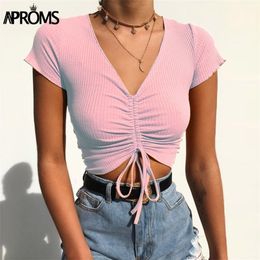 Aproms Sexy V Neck Cropped Tank Tops Women Drawstring Tie Up Front Camis Candy Colours Streetwear Slim Fit Ribbed Crop Top 2019 C190420