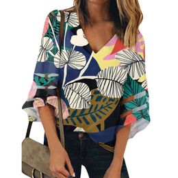 Women's Blouses & Shirts Flowers And Plants Print Shirt V-Neck Chiffon Top Blue Polynesian Style Women Casual Sexy Blouse Flare Sleeve Shirt