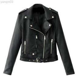 Lady Faux Leather Jacket Long Sleeve Lapel Zipper Button Pocket Motorcycle Jacket Short Coat Outwear Female Tops chaquetas L220801