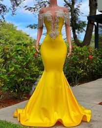 Bright Yellow Prom Dresses Crystal Beading Black Girls Party Gowns Sexy Off Shoulder Plus Size Open Back Robe Soiree De Mariage