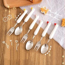 Dinnerware Sets 2pcs Kawaii Duck Spoon Fork Cutlery Set For Kids School Cute Korean Portable Travel Stainless Steel Tableware Kitchen Utensi