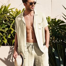 Men s Summer Cotton Linen Shirt Set Casual 2 Piece Suit and Homewear Comfortable Breathable Pajamas Short Sleeve Beach Sets 220621