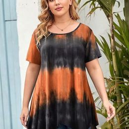 5XL 6XL Plus Size Women Clothing Summer Short Sleeve Tie Dye Print Casual Tee Shirt Peplum Tops Irregular Long Blouse 220628