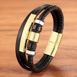 Charm Bracelets Multilayer Trendy Fashiom Gold Black Leather Bracelet Men Bangles Jewellery Accessories Magnet Rock Punk Hip HopCharm Kent22