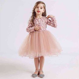 Princess Dress For Kids Long Sleeve Flower Applique Birthday Gown Evening Porm Vestidos Causal Dress Children Fall Clothing G220428