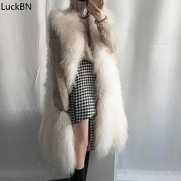 Women Fur & Faux Autumn Winter Long Vest Coat White Black Furry Coats Solid Color Cardigan Vest Warm Velvet Sleeveless Jackets T220716