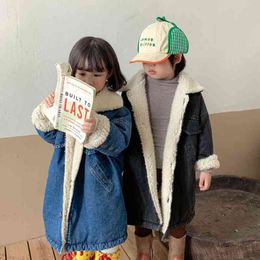 2021 Winter Girls Boys Casual Jeans Thick Warm Fleece Long Jacket Baby Kids Children Outerwear J220718