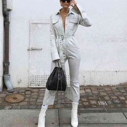 Autumn winter rompers womens jumpsuit Casual Vintage pockets sashes long sleeve denim streetwear overalls for women 210521