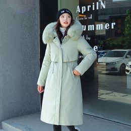 Slim Solid Long Hooded Down Parka Coat Winter Jacket Women Fashion Fur Collar Coat Removable Plush Liner Chic Coat 201027