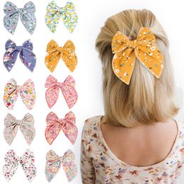 New 5" Floral Prints Fable Bow Hair Clips Baby Cotton Hair Bow Hairpins Girls Kids Curled Edge bow Barrettes Children