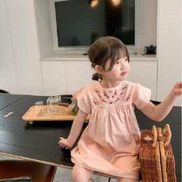 Girl's Dresses Summer Girls Dress Korean Style Pocket Embroidery Flower Elegant Princess Baby Kids Clothes Children'S ClothingGirl's