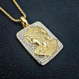 Pendant Necklaces Full Rhinestone Gold Colour 316L Stainless Steel Square Teenage Girl Necklace For Men Bling Hip Hop Rock Jewerly Dog TagPen