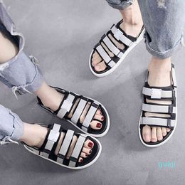 Korean three strip dual purpose beach slippers summer couple sandals women thick bottom net red leisure students wear