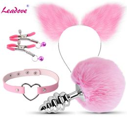 Rabbit Tail Silicone/Metal Anal Plug Cat Ears Headbands Nipple Clip Neck Collar Erotic Cosplay sexy Toys Games For Women XN0255