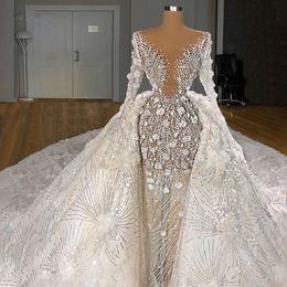 Luxuriöses zweiteiliges Hochzeitskleid mit langen Ärmeln, Perlen, Brautkleidern, Blumen, Pailletten, langer Schleppe, Robe de Mariee