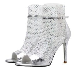 Donna sexy Shoe Sandals High Sandals 2024 Teli Donne Bling Rhinestone Mesh Ladies Party Peep Toe Zipper Summer 91