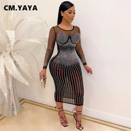 CM.YAYA Women Dress Solid Diamonds Mesh See-through Skinny Party Vestidos Sexy Night Evening Dresses Fashion Outfit Autumn 220516