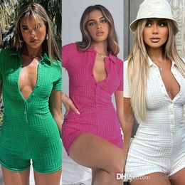 Summer Sexy Bodycon Jumpsuits Rompers Fashion Towel Jacquard Short Sleeve Button Skinny Bodysuit Female Casual Clothing