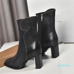 2022-Brand New Womens Knight High Chunky Heel Winter Ankle Metal Martin Cow Leather Wearproof Booties