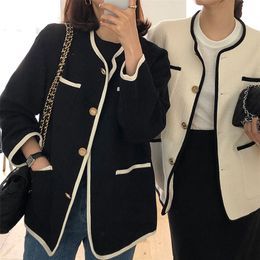 Autumn Winter Korean Style Vintage Tweed Jacket Women Long Sleeve Single Breasted Loose Minimalist Ladies Coats Elegant 220719