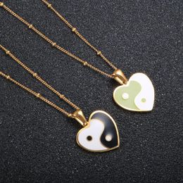 Pendant Necklaces Black White Green Enamel Heart Necklace Yin Yang Beads Chain Gold Plated For Women Fashion JewelryPendant