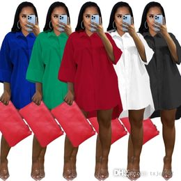 Sexy Womens Dresses 2022 Fashion Solid Colour Loose Shirt Dress Long Sleeves Lapel Neck Skirt Plus Size Women Clothing