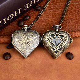 Pocket Watches Vintage Hollow Heart Quartz Watch Classic Bronze Necklace Carved Large Thun22