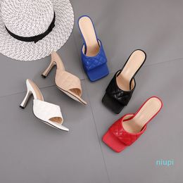 Woman Sandals Marian Sqaure Toe Red Quilted Mule Heels Shoes PU High Heel Mules Women Sliper