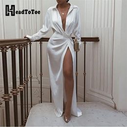 Solid Twisted Design Deep Vneck Slit Shirt Dress Women Long Sleeve Elegant Workwear Long Dress T200117