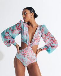 womens swimwear one-piece sexy swimming suits for summers black and white colors stamps shine paint puff long sleeve beachwear good stretch slim fit maio moda praia