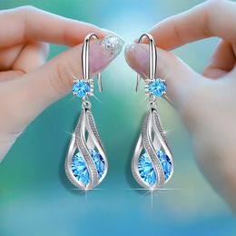 Dangle & Chandelier Wholesale Shining 925 Stamped Silver Blue Crystal Earrings For Women Luxury Fashion Jewelry Party Wedding GiftsDangle