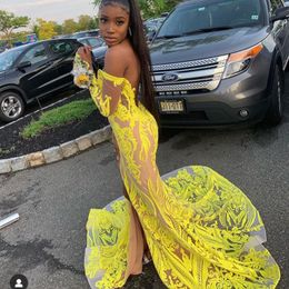 Sexy Yellow Sequin Prom Dress 2022 For Black Girl Off The Shoulder Long Sleeve Evening Dresses Aso Ebi Backless Slit Formal Gown Robes De Soirée Special Occasion Wear