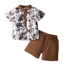 Citgeett Summer Kids Boys Clothing Set Cartoon Animal Plants Short Sleeves And Solid Color Short Pants Gentleman Set J220711