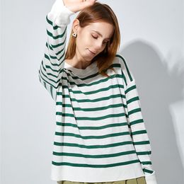 GCAROL Women Colour Spliced Stripes Sweater Drop Shoulder Loose Elegant Knit Pullover Soft Stretch Spring Autumn Winter Jumper 220817