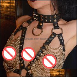 Chains Hollow Out Tank Tops Goth Metal O Rings Rivets Leather Bondage Belts Crop Top Sexy Women Lingerie Drop Delivery 2021 Set Underwear He